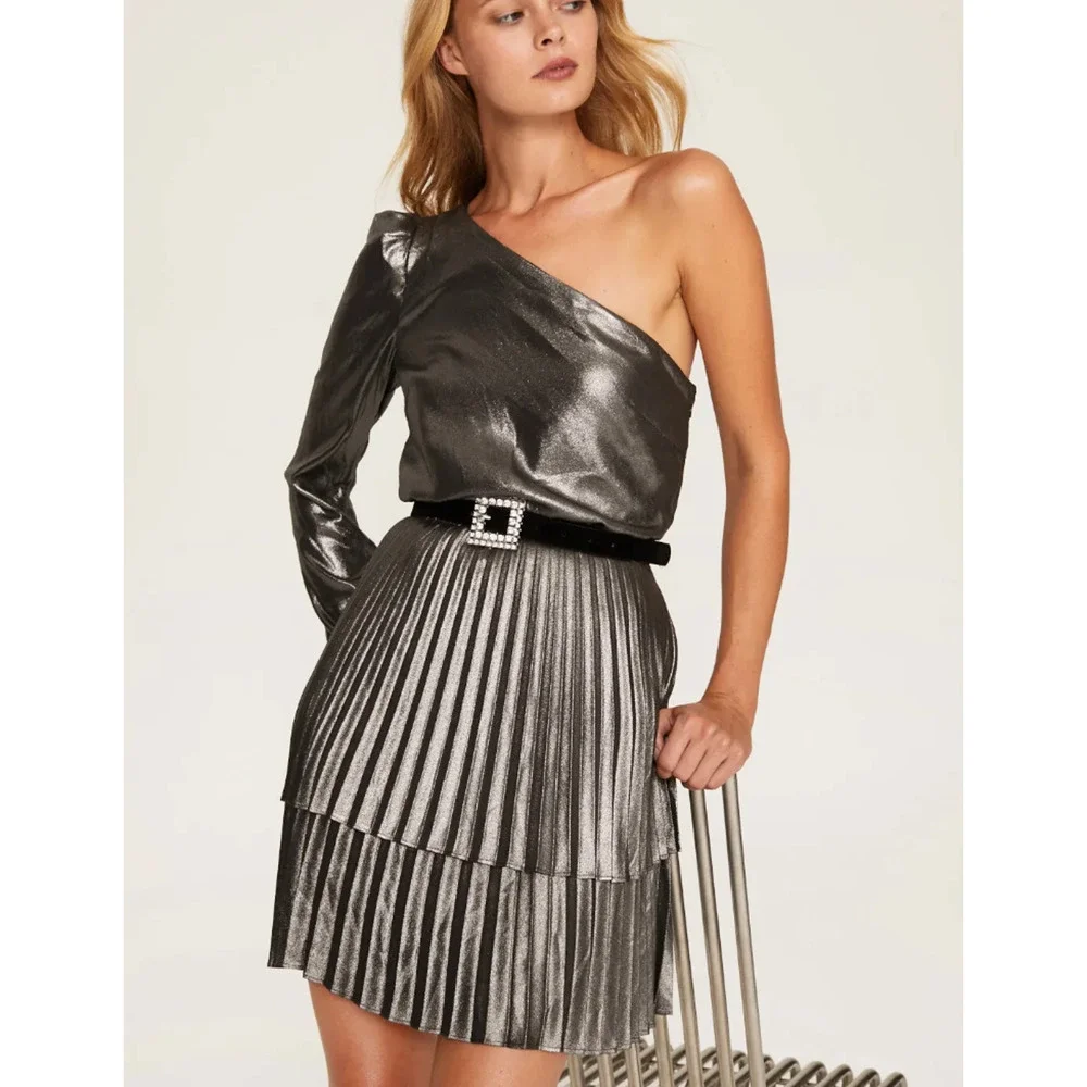 Derek Lam Metallic Silver Mini Dress SIZE 4 Cocktail Party Pleated Designer $450 - Picture 4 of 10